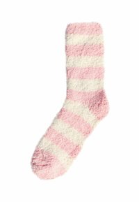 Rózsaszín és fehér vízszintes csíkos bolyhos zokni. Puha textúra, lekerekített lábujjal és bordázott szegéllyel. Kényelmes, vastag kialakítással rendelkezik.
