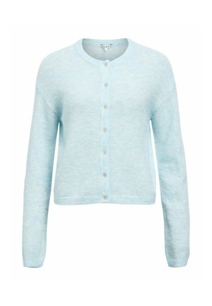 Jasnoniebieski kardigan wykonany z miękkiego dzianinowego materiału, z okrągłym dekoltem, długimi rękawami i sześcioma guzikami z przodu.