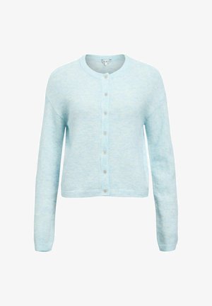 Jasnoniebieski kardigan wykonany z miękkiego dzianinowego materiału, z okrągłym dekoltem, długimi rękawami i sześcioma guzikami z przodu.