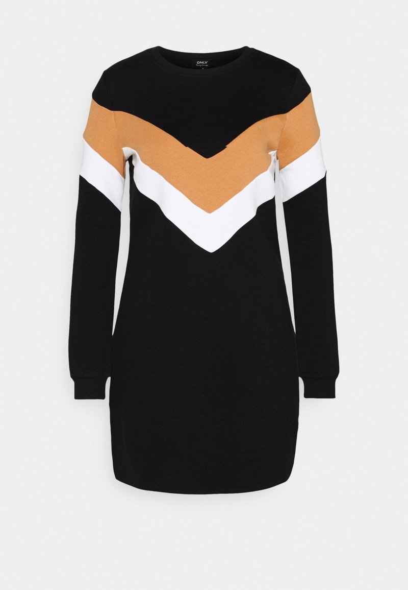 Robe noire à manches longues avec un motif chevron en jaune moutarde et blanc. Fabriquée en tissu doux, dotée d'un col arrondi et de poignets côtelés.