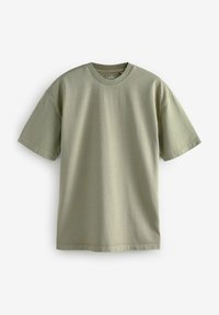 Kortärmad t-shirt i ljus olivgrön bomull, med rundad halsringning och avslappnad passform, med en mjuk textur och utan synliga mönster.