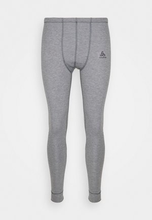 Gray athletic leggings with an elastic waistband, fitted design, and contrasting stitching. Features the Odlo logo on the front.