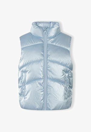 Šviesiai mėlyna blizgi pūkinė liemenė su aukštu apykakliu, priekyje užtrauktuku ir šoninėmis kišenėmis su spaudėmis.