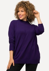 Maglione a maniche lunghe viola in un morbido materiale a maglia con scollatura alta e spacchi laterali, abbinato a pantaloni neri. Finitura texturizzata.