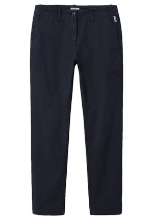 Navy blue slim-fit casual pants with button and zipper front, belt loops, and side pockets.
