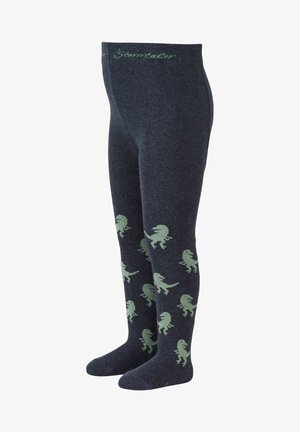 Marineblaue Strumpfhosen mit grünen Dinosaurier-Mustern, die einen enganliegenden Schnitt und eine glatte Textur bieten, ideal für Wärme und Komfort.