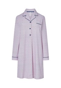 Camisa de pijama de manga larga con base lila y patrones circulares. Ribeteada en azul marino y con botones al frente, incluye un bolsillo en el pecho.