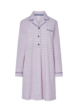Camisa de pijama de manga larga con base lila y patrones circulares. Ribeteada en azul marino y con botones al frente, incluye un bolsillo en el pecho.