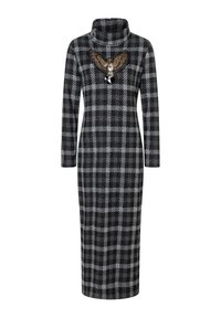 Langärmliges, turtleneck Kleid in einem schwarz-grauen Karomuster. Besitzt ein gesticktes Adlerdesign mit Verzierungen auf der Brust.
