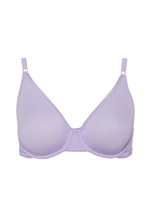 Helllila BH aus glattem, weichem Stoff, mit einer dreieckigen Form, verstellbaren Trägern und einem kleinen Markenlogo am Bund.