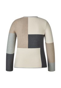 Langarm-Pullover mit einem Patchwork-Design in Beige, Grau und Creme. Stricktextur mit Rundhalsausschnitt und leicht taillierten Ärmeln.