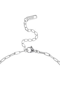 Collana a catena in argento con anelli ovali, dotata di chiusura a moschettone e un'etichetta contrassegnata "K18", che mette in mostra una finitura metallica elegante.