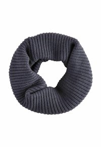 Sciarpa infinity a coste di un grigio scuro, di forma circolare, con un motivo testurizzato e tessuto morbido per calore e comfort.