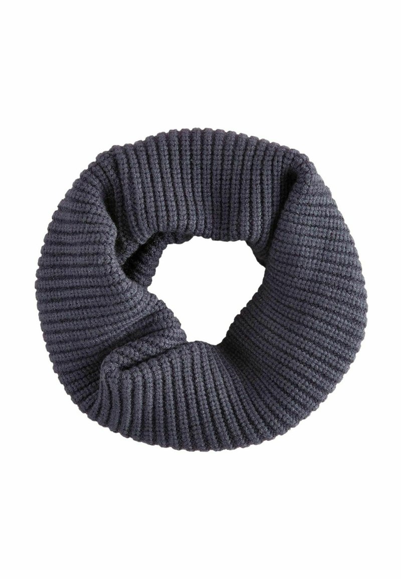 Sciarpa infinity a coste di un grigio scuro, di forma circolare, con un motivo testurizzato e tessuto morbido per calore e comfort.