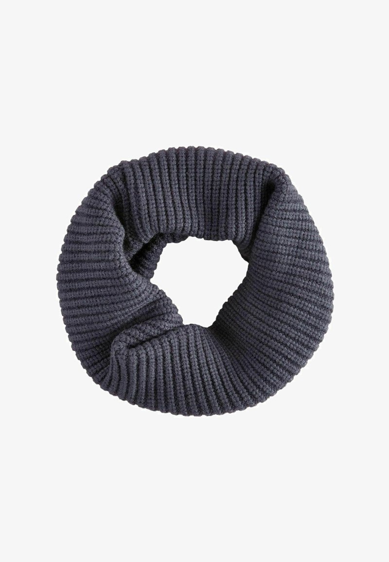 Écharpe en tricot côtelé gris foncé en forme d'infini, avec un motif texturé et un tissu doux pour chaleur et confort.