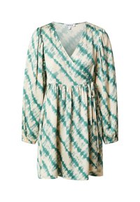 Cremfarbendes Wickelkleid mit türkisfarbenem Batikmuster, langen Puffärmeln und taillierter Silhouette für einen entspannten Look. Weiche Stofftextur.