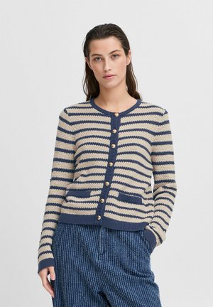 Gestreepte cardigan in crème en marineblauw, met een ronde halslijn, knopen aan de voorkant en twee zijzakken. Gemaakt van een gestructureerde breimateriaal.