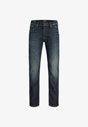 Mörkblå denimjeans för män med lätt blekning, framslutning med knapp och dragkedja samt femfickorsdesign.