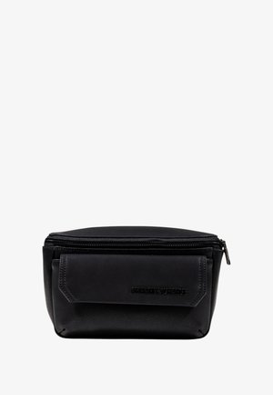 Pochette nera con zip realizzata in pelle testurizzata, con tasca frontale e logo impresso. Forma rettangolare compatta con bordi arrotondati.