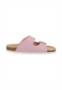 Roze slide sandaal met twee verstelbare metallic gespen, kurken voetbed en rubberen zool. Hoge afwerking met een lichte glans.