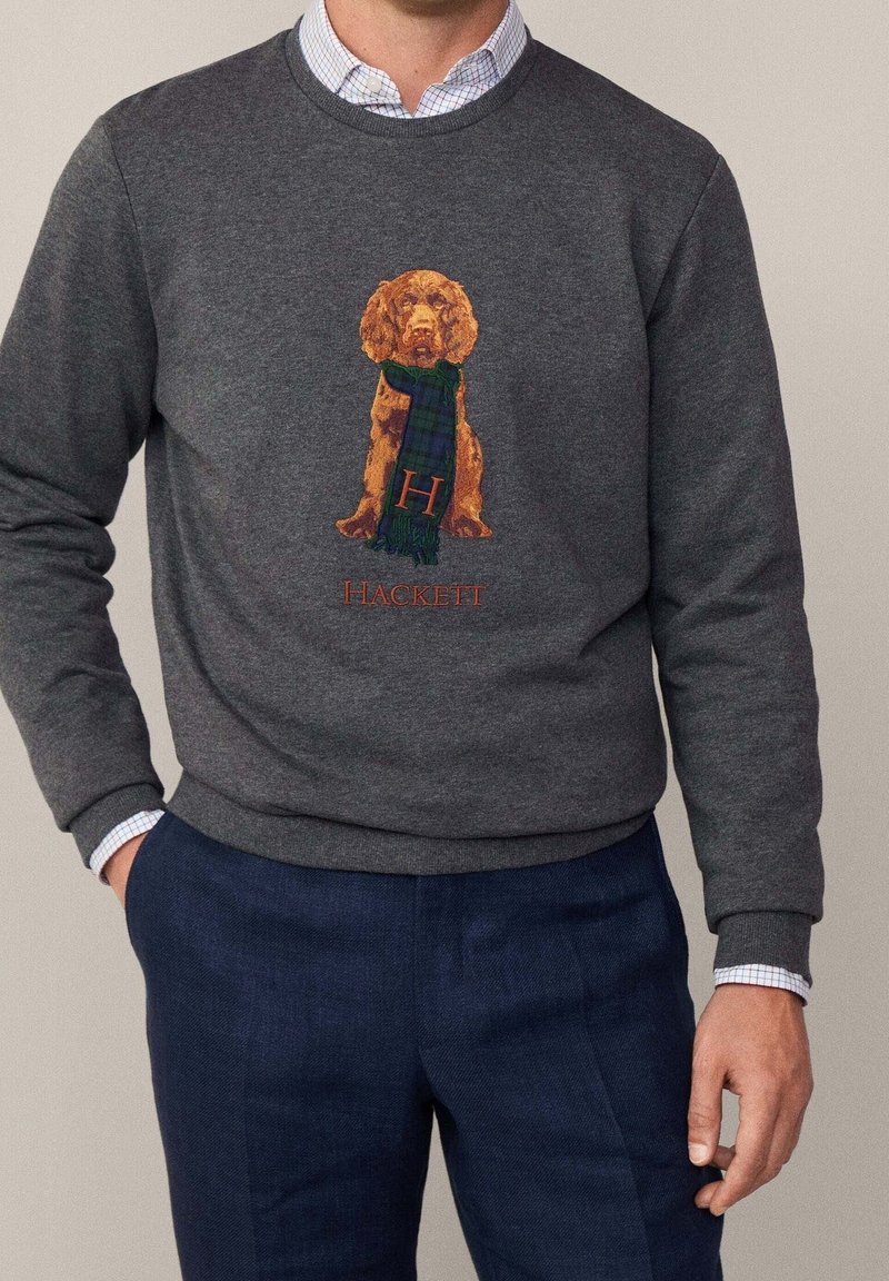 Modèle masculin porte un sweat-shirt gris avec un chien marron brodé portant une écharpe vert foncé et marine, associé à un pantalon bleu marine.