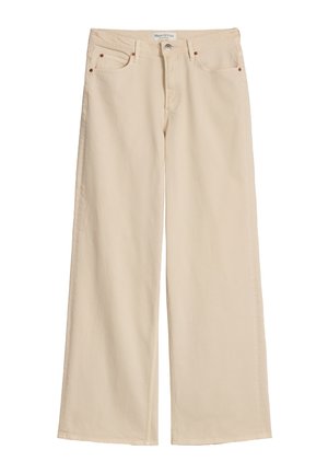 Beige wijde jeans met steekzakken aan de voorkant, riemlussen en knoopsluiting, plat weergegeven op een witte achtergrond.