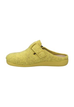 Yellow felt clog with a rounded toe, a single strap for adjustment, and a textured appearance. The sole is a solid yellow rubber material.