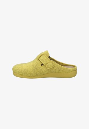Zoccolo giallo in feltro con punta arrotondata, una singola fascia per la regolazione e una superficie testurizzata. La suola è in un materiale gommato giallo solido.