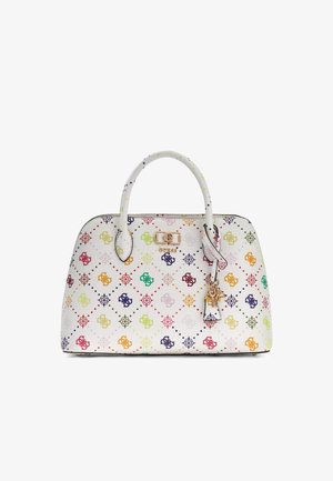 Witte handtas met afgeronde vorm, meerkleurig monogrampatroon, dubbele handvatten, logo in goudkleur en decoratieve sleutelbedel.