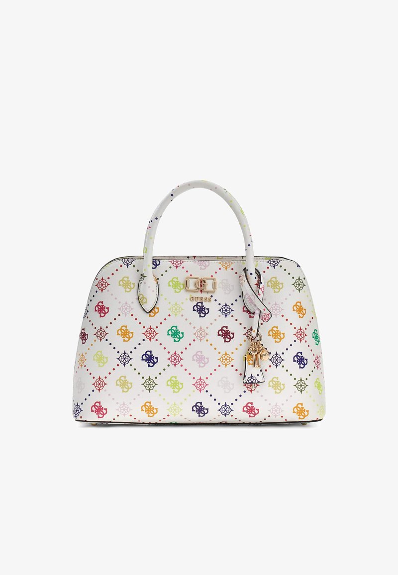 Bílá kabelka s zaobleným tvarem, vícebarevným monogramovým vzorem, dvojitými uchy, logem v zlatém tónu a ozdobným přívěskem ve tvaru klíče.