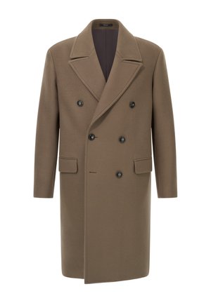 Manteau marron à double boutonnage avec un large col, deux poches avant et six boutons noirs, fabriqué à partir d'un tissu lisse et structuré.