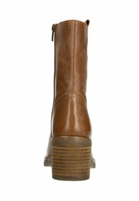 Braune Leder-Ankle-Boots mit runder Zehenform, sichtbaren Nähten und einem seitlichen Reißverschluss. Mit einem blockförmigen Absatz in Holzoptik.