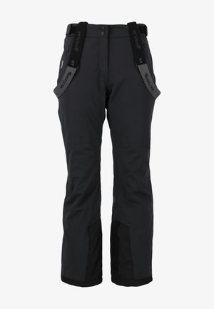 Sorte skibukser med justerbare stropper, lynlås-lommer, forstærkede underben og et glat, vandafvisende stof.