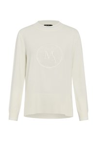Ivory sweater made from soft material, featuring a crew neckline and long sleeves. Centered embossed logo in a circular design.
