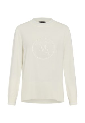 Elfenbeinfarbener Pullover aus weichem Material mit Rundhalsausschnitt und langen Ärmeln. Zentrales, geprägtes Logo in kreisförmigem Design.