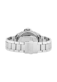 Montre en acier inoxydable avec un bracelet poli, un boîtier circulaire et du verre minéral. Dispose d'une boucle gravée du logo et d'un fond de boîtier détaillé.