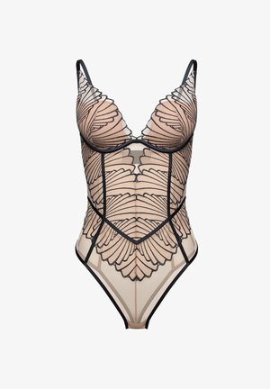 Nude sheer bodysuit with black scalloped embroidery, underwired cups, adjustable straps, and snap closure at the crotch.