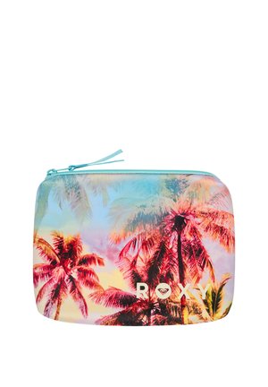Malá kapsička na zip s barevným motivem západu slunce s palmovými stromy a světle modrým zipem, označená bílým nápisem "ROXY" a logem.