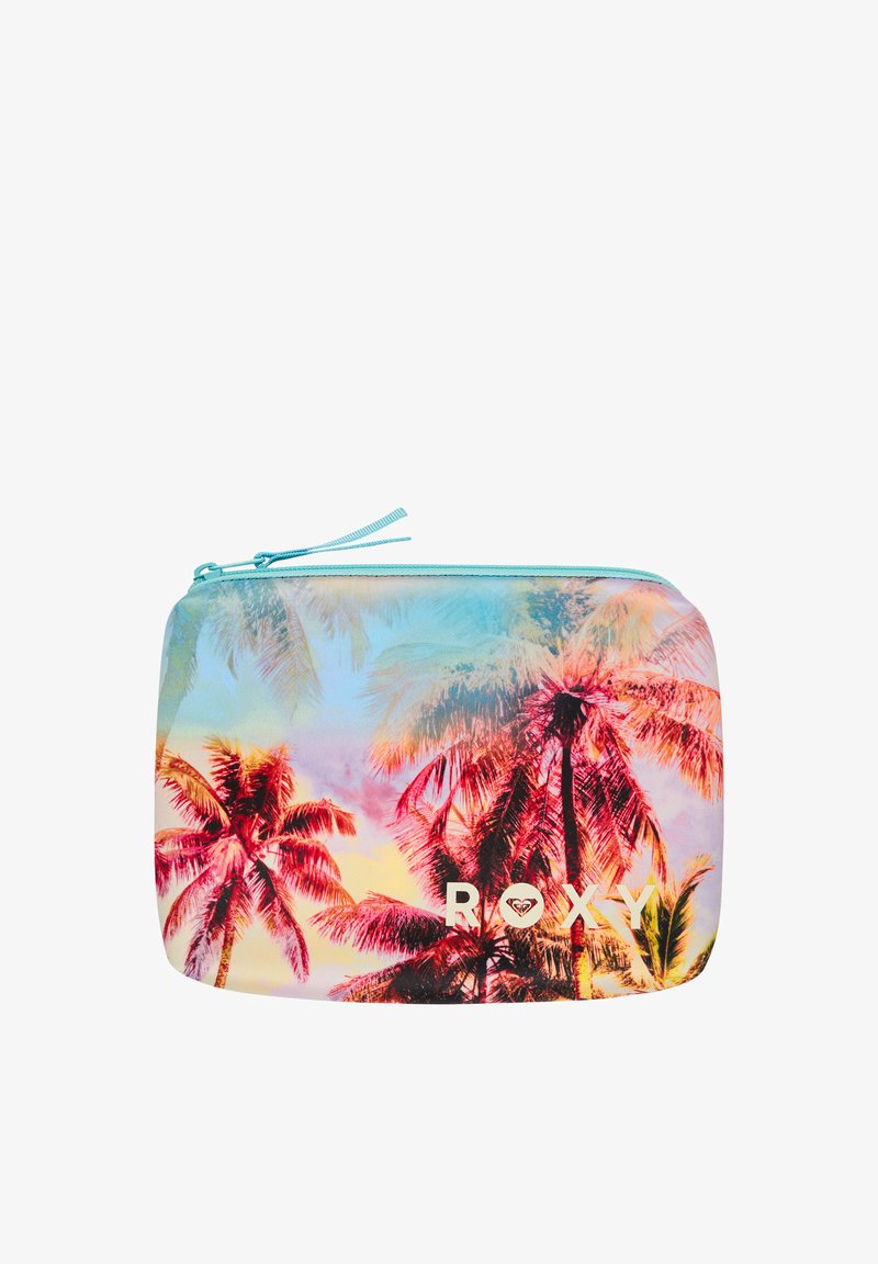 Petite pochette zippée avec un design coloré de coucher de soleil avec des palmiers et une fermeture éclair bleu clair, marquée du texte blanc "ROXY" et du logo.