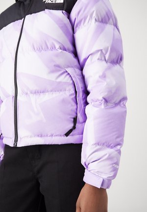 Lavendelfarbene und schwarze North Face Steppjacke mit Frontreißverschluss und Seitentasche, getragen mit schwarzer Hose am Oberkörper einer Person.