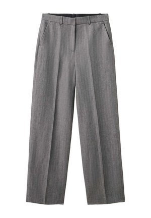 Pantalones de hombre grises a cuadros con corte recto, trabillas para cinturón y bolsillos laterales, pinzas delanteras y cierre de cremallera.