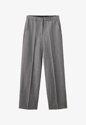 Pantaloni da uomo grigi a quadri con gamba dritta, passanti per cintura e tasche laterali, pieghe frontali e chiusura con zip.