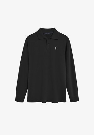 Langarm schwarzes Poloshirt aus glattem Stoff mit klassischem Kragen und einer Knopfleiste mit drei Knöpfen, versehen mit einem kleinen weißen Logo auf der Brust.