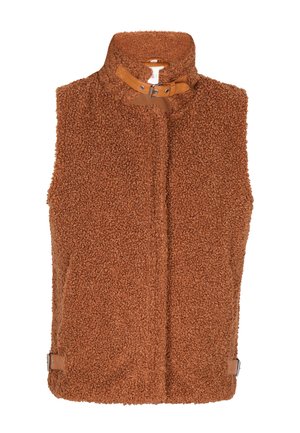 Brūns vilnas veste ar augstu apkakli, strukturētu virsmu un bēšiem ādas akcentiem pie kakla un sāniem. Ar rāvējslēdzēju un pogu aizdari.