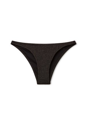 Černé bikiny s lesklou texturou, minimálním pokrytím a hladkým povrchem. Mají tenké boční popruhy a pohodlný pas.