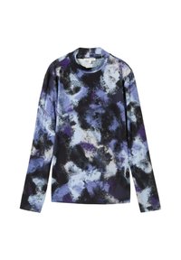 Dlouhý rukáv vrchní část s mnohobarevným abstraktním vzorem v odstínech fialové, modré a černé. Pletená textura a kulatý výstřih.