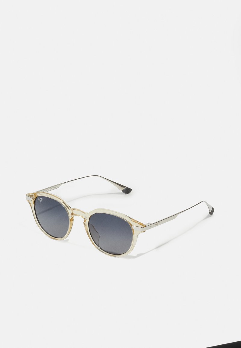 Round sunglasses with a clear frame and gradient gray lenses. Slim silver metal arms with black tips. Features a subtle logo on the lens.