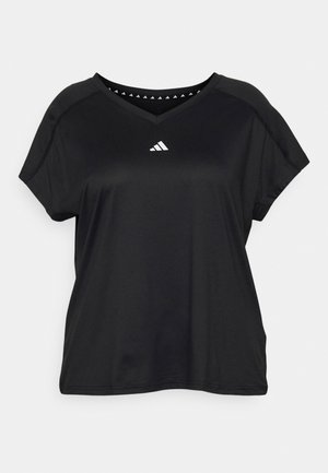 Sort atletisk T-shirt med korte ærmer, V-hals og lille hvid Adidas-logo centreret under halsudskæringen.