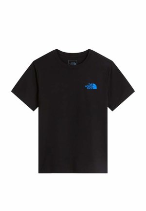 T-shirt nera a maniche corte con logo The North Face blu sul lato superiore sinistro del petto, scollo rotondo e design frontale semplice.