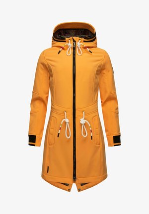 Żółty płaszcz z kapturem, zapinany na zamek, z regulowanym pasem i dwoma przednimi kieszeniami. Posiada czarne akcenty i wzorzystą podszewkę.